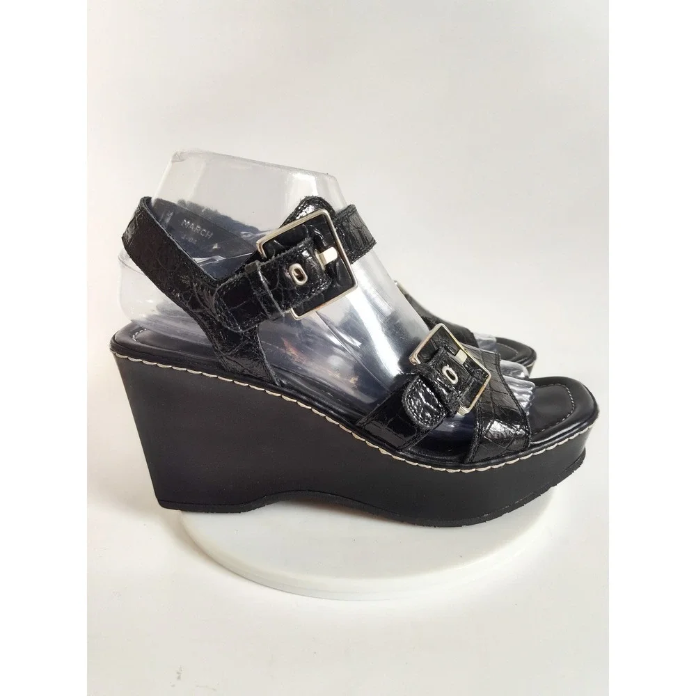 Donald Pliner Sandals 7‎ Y2k 90s Square Toe Platform Croc Patent Leather Wedge